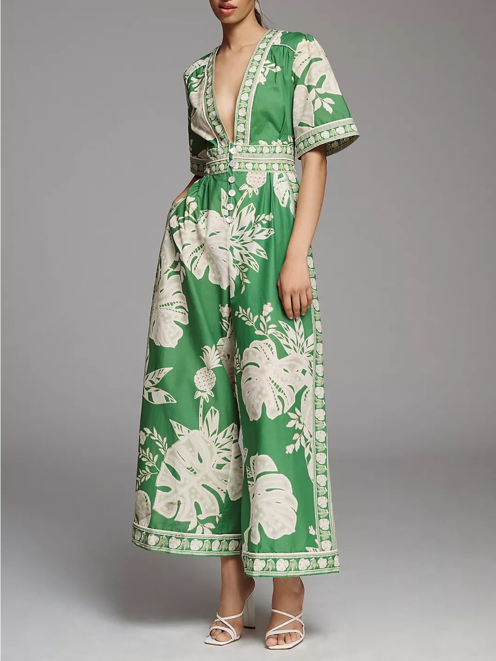 FARM Rio Green & Cream Lace Monstera V-Neck Jumpsuit with Button Front Wide Leg - Picture 4 of 9